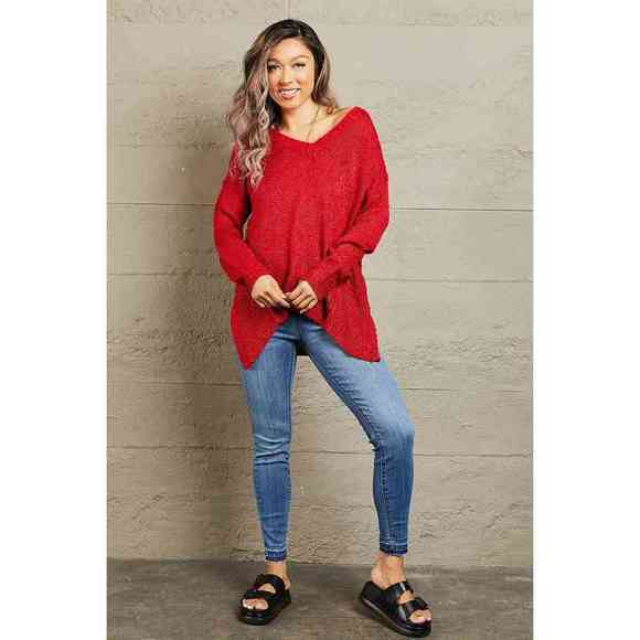 Heimish By The Fire Full Size Draped Detail Knit Sweater - Picture 1 of 5